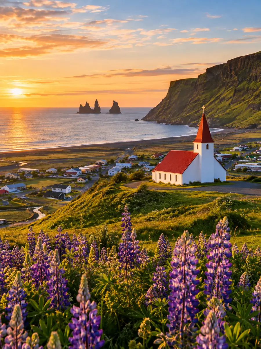 La iglesia de tejado rojo de Vík sobre una colina con lupinos morados y los farallones de Reynisdrangar al fondo