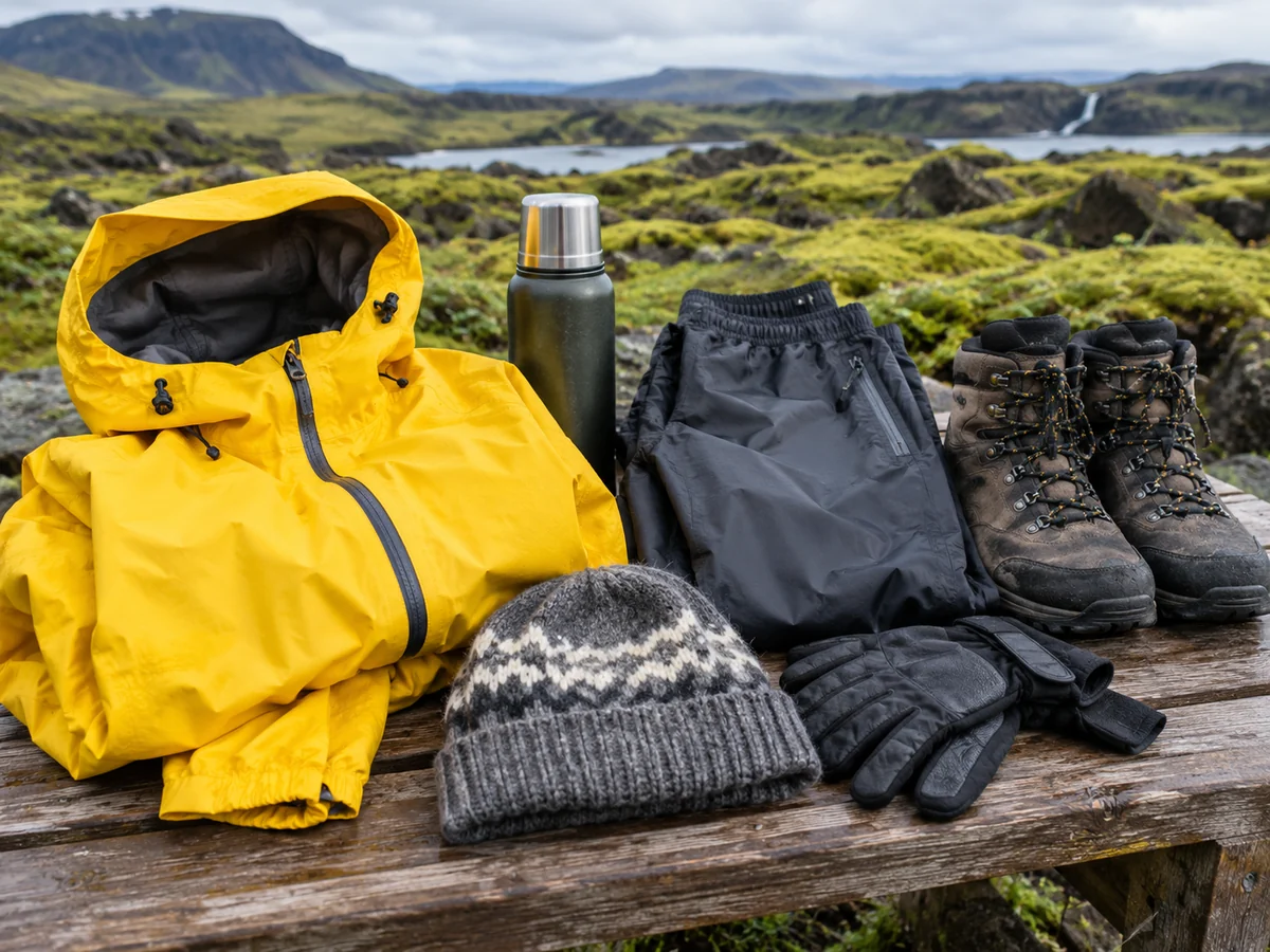 Una chaqueta impermeable amarilla, pantalones de lluvia, botas de montaña, gorro de lana, guantes y un termo sobre un banco en Islandia